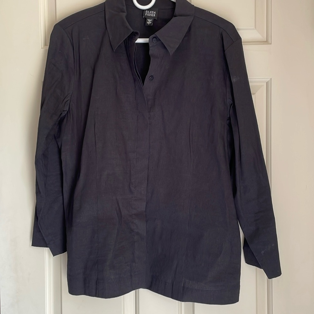 Eileen Fisher Black 76% Linen, 21% Viscose, 3% Spandex Blouse, Size L